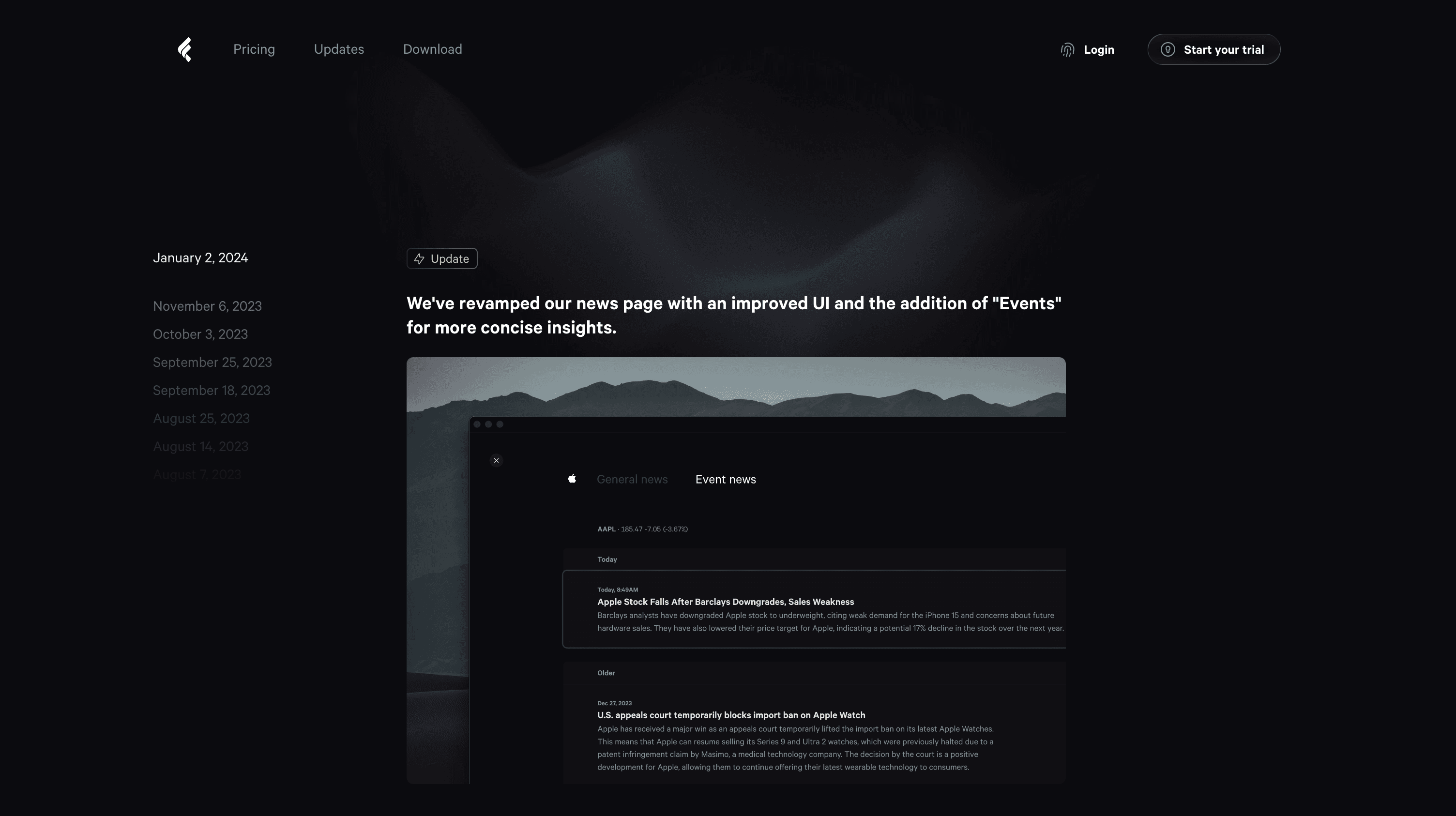 A website's update page with a dark theme. The page includes navigation tabs like Pricing, Updates, and Download at the top, dates listed on the left side for historical updates, and a news feed on the right displaying general and event news with a sample news item about Apple stock. 