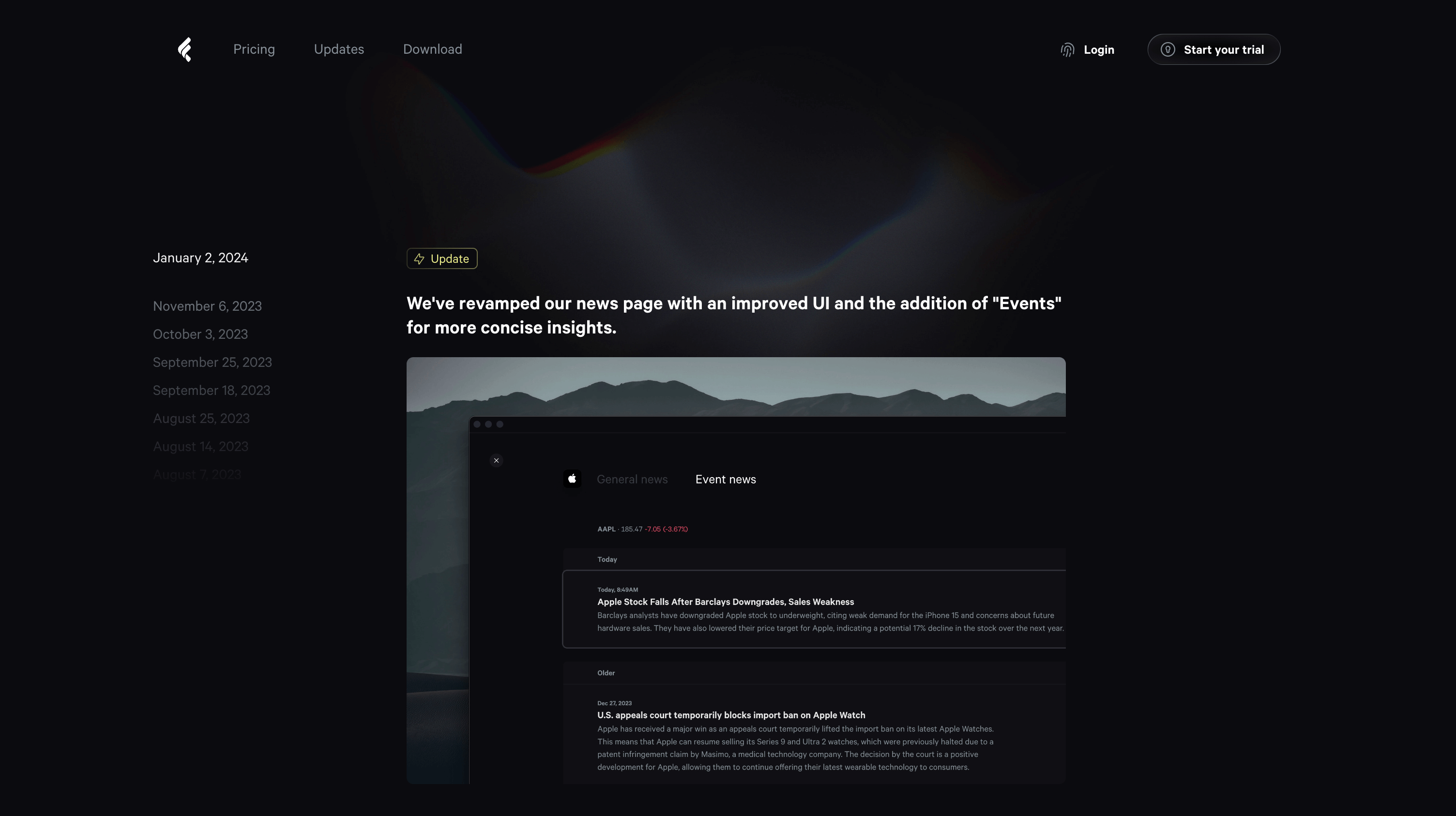 A website's update page with a dark theme. The page includes navigation tabs like Pricing, Updates, and Download at the top, dates listed on the left side for historical updates, and a news feed on the right displaying general and event news with a sample news item about Apple stock. 